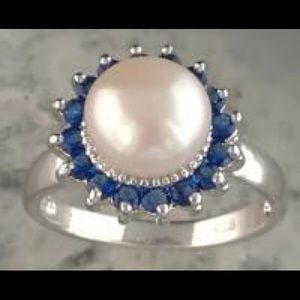 COPY - Genuine White Akoya Pearl & Blue Sapphire Ring